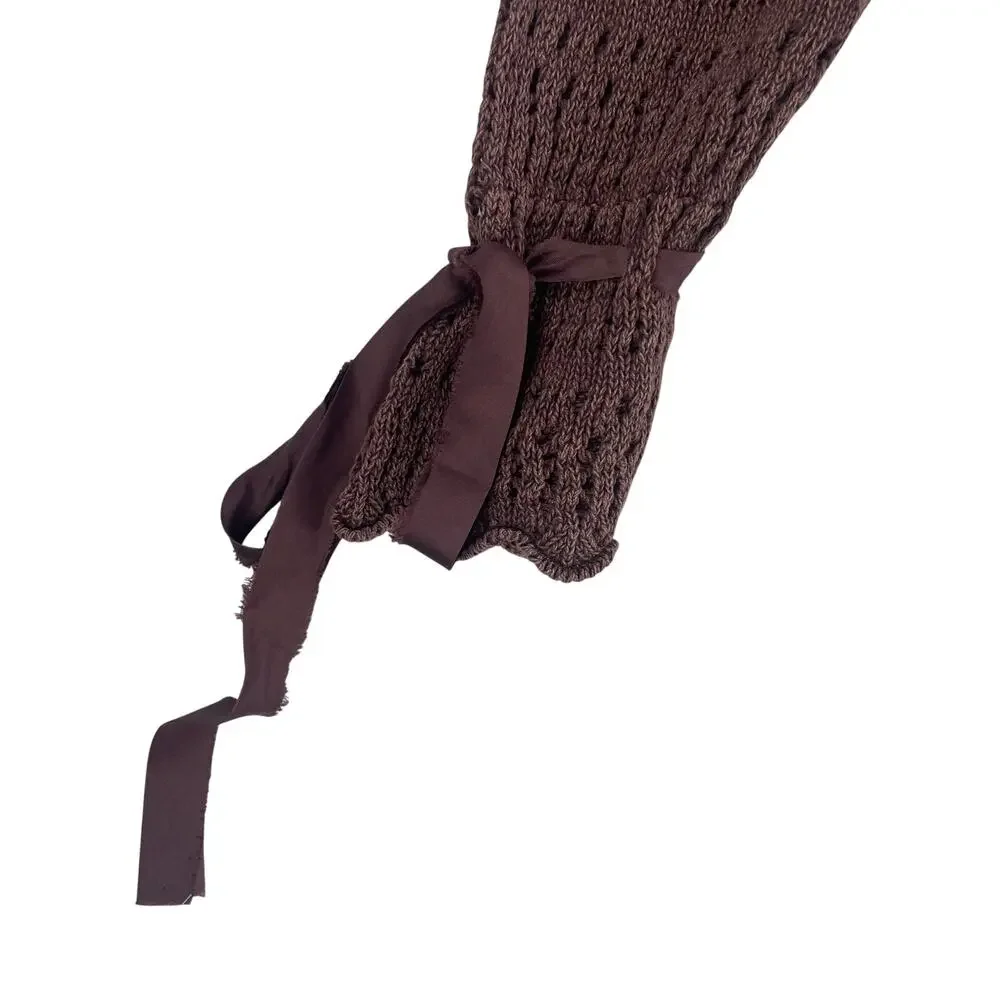 Free People Womens Pointelle Pullover Chicory Coffee Sweater SZ M Ribbon Cuff